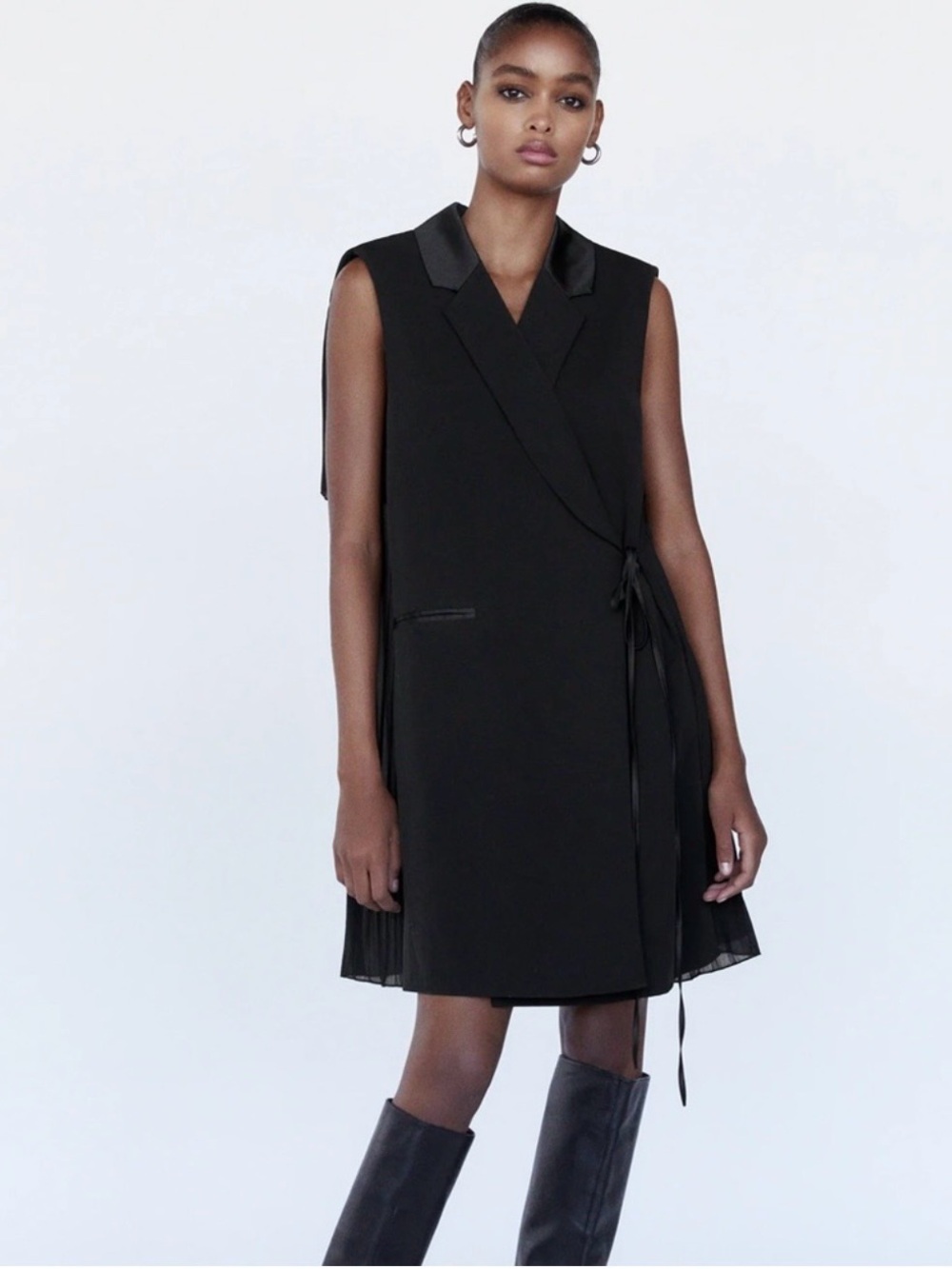 New Zara COMBINED PLEATED WRAP BLAZER DRESS BLACK Size M
